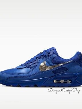 Swarovski Nike Air Max 90 Women's Blue Sneakers Shoes Customized With Crystals